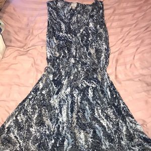 Blue grey and white dress.